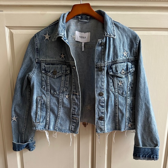 Pistola Blue Denim Jacket Distressed w/ Silver/White Star Pattern Size S - Picture 1 of 3